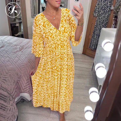 Bohemian casual print V-neck waist wrap long dress