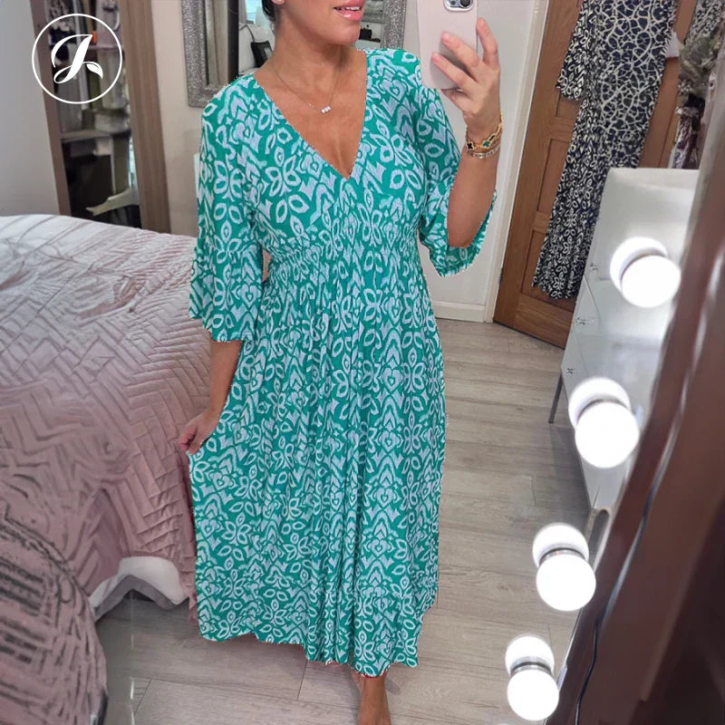 Bohemian casual print V-neck waist wrap long dress