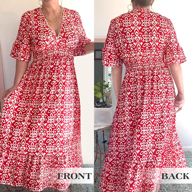 Bohemian casual print V-neck waist wrap long dress